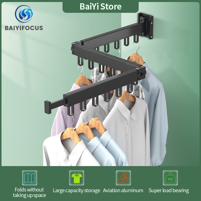 Folding Hanger Wall Mounted Retractable Quilt Clothes Rack Indoor Outdoor Space Saving Aluminum Home Laundry Clothesline