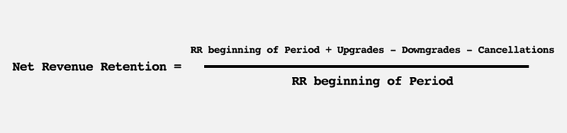 Net revenue retention is the recurring revenue of a period plus upgrades and minus downgrades and cancellations divided by the recurring revenue at the beginning of a period