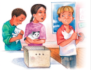Three children, two of whom are holding kittens. 