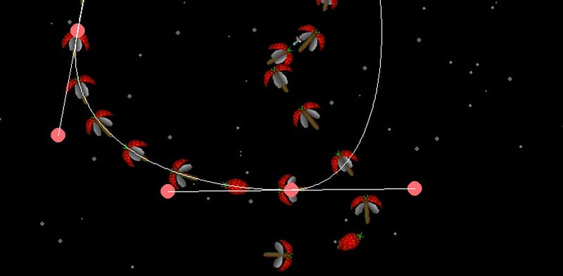 A screenshot showing the design mode of the game, allowing you to change the path the enemy spaceships follow when playing. You can change this path by moving points using the mouse.