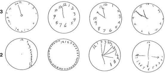 A series of hand-drawn clock faces