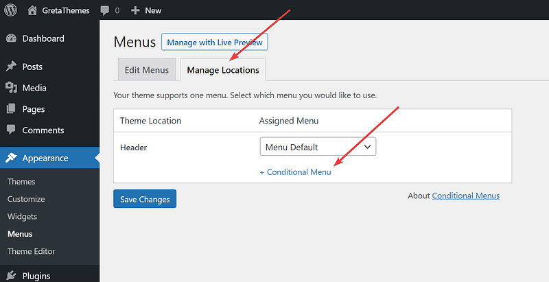In the Appearance > Menus, change to Manage Locations and choose + Conditional Menu