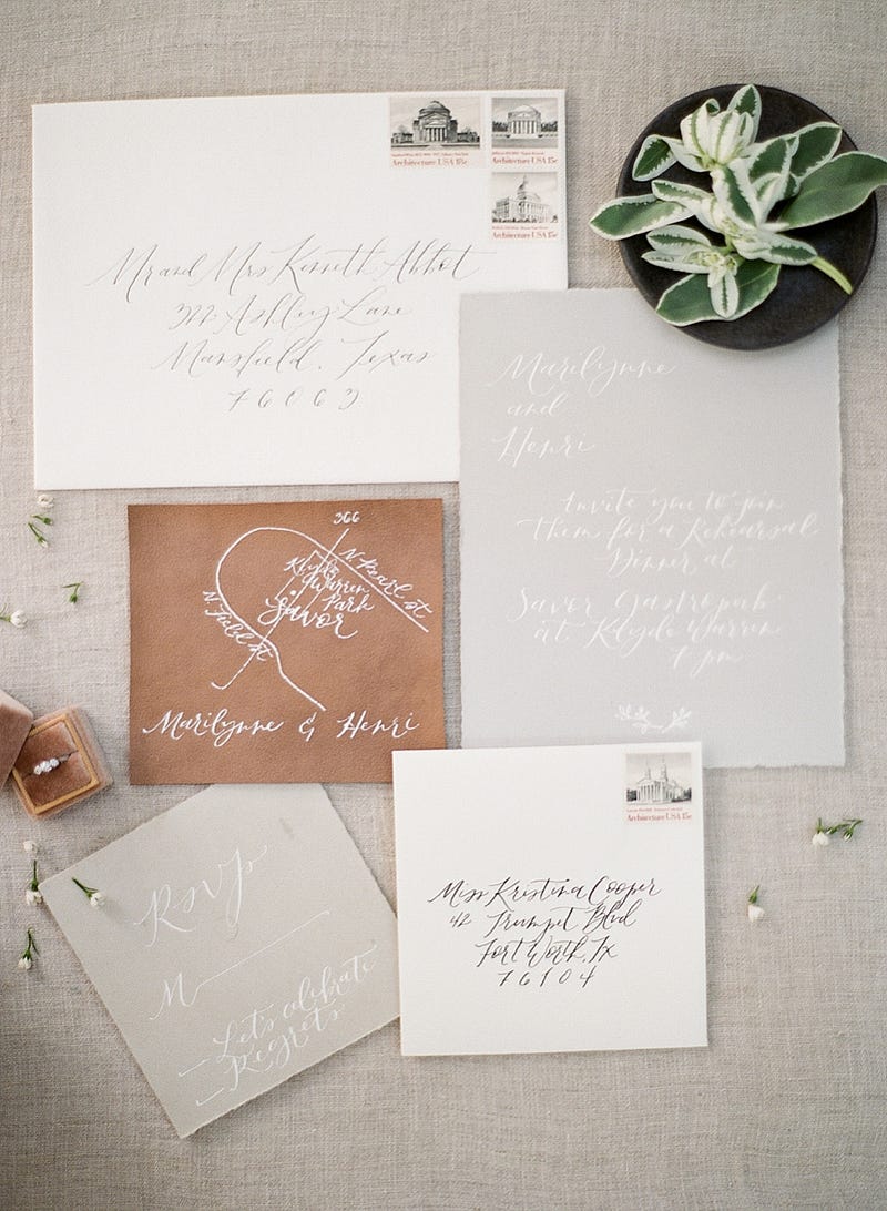 chic wedding invitations - http://ruffledblog.com/downtown-dallas-rehearsal-dinner-inspiration