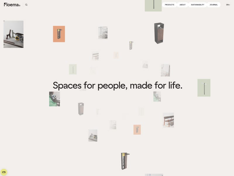 A screenshot of the Floema website homepage featuring a minimalist design with the central slogan ‘Spaces for people, made for life.’ Small, scattered images of outdoor furniture, signage, and manufacturing clips float around the central text against a clean, light-colored background.