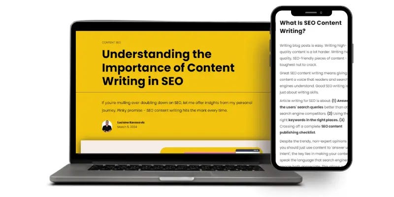 Open laptop displaying a blog titled “understanding the importance of content writing in SEO