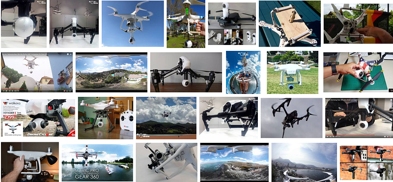 Many home-grown options for 360 cameras on a drone. (Screenshot of Google Image Search)