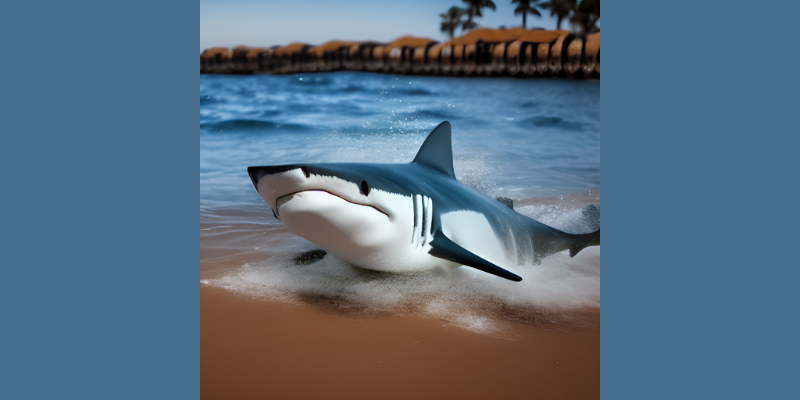 Jasper AI art of a beached shark with ocean water in the background.