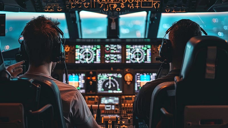 An image of two individuals seated in an airplane cockpit. Both are wearing headsets and are surrounded by numerous digital s