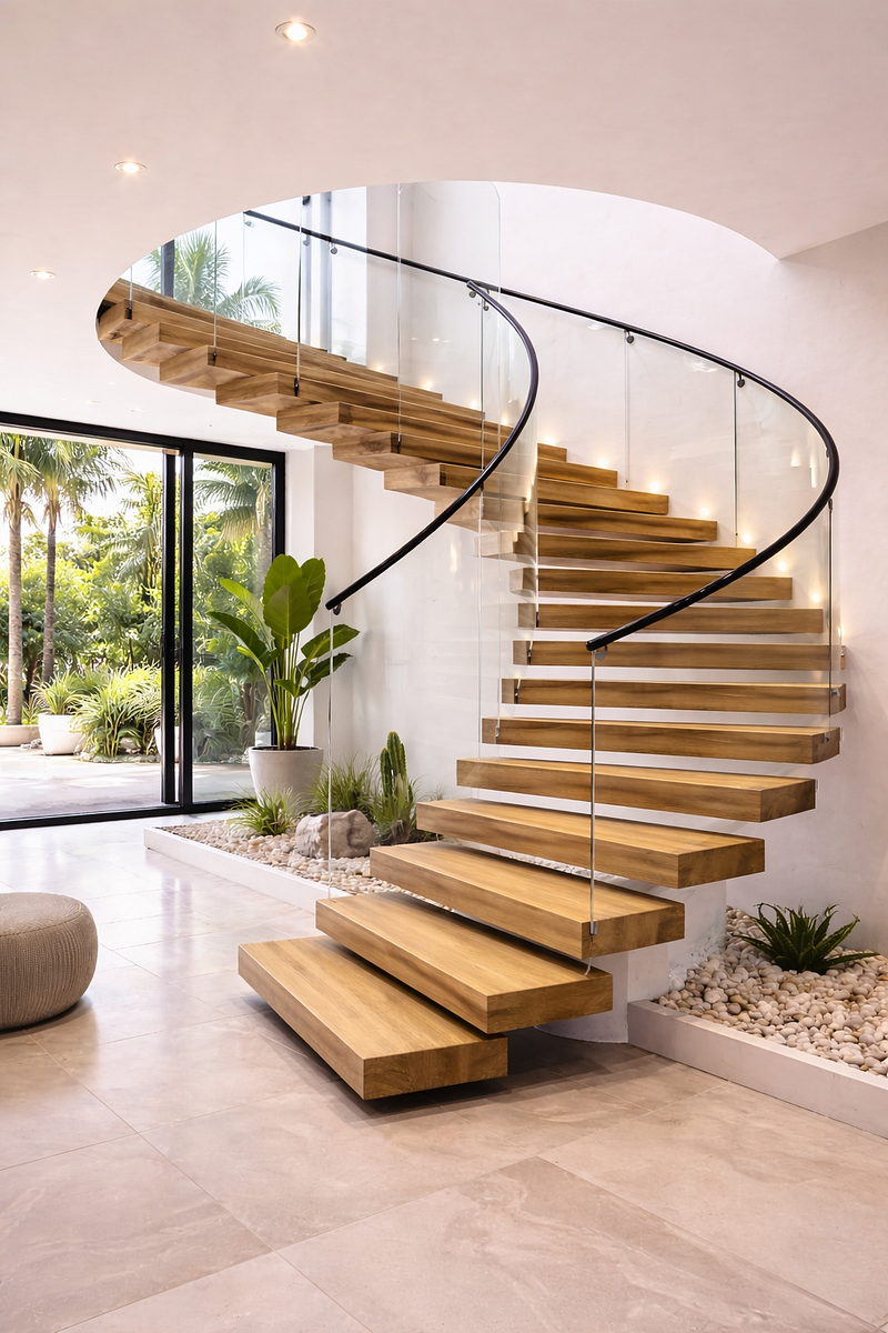 This modern floating staircase design showcases warm wooden treads paired with a sleek glass railing and curved black handrail. Set within a bright, open interior, the staircase enhances visual flow while maintaining structural elegance. Natural light, indoor greenery, and minimalist detailing create a luxurious yet airy ambiance — ideal for contemporary residential interiors focused on style, space efficiency, and refined architectural aesthetics.