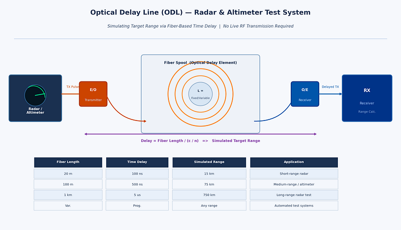 Optical delay line system diagram showing RF-to-optical conversion, fiber coil delay path, and optical-to-RF reconversion for radar target range simulation