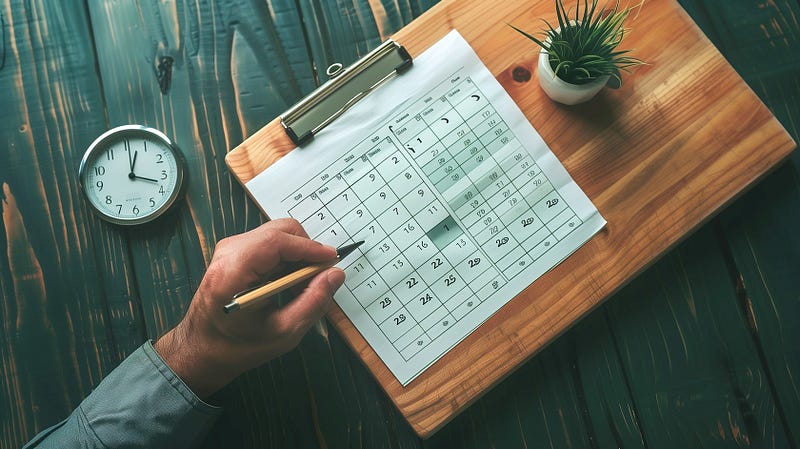 An overhead view of a person’s hand holding a pencil over a printed monthly calendar lying on a wooden desk. Next to the cale