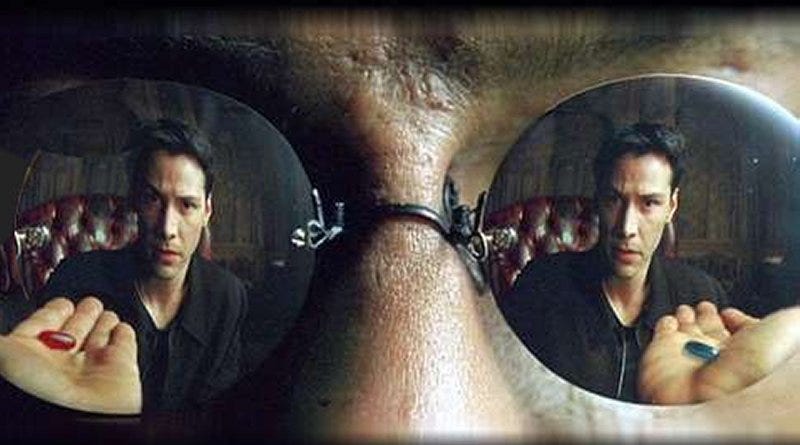 Morpheus and Neo — red pill, blue pill