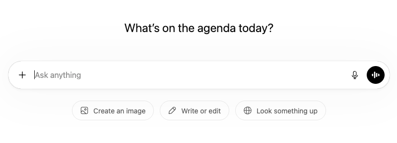 ChatGPT empty state showing the headline What’s on the agenda today, a centered text field with Ask anything placeholder, and three suggestion chips below: Create an image, Write or edit, Look something up