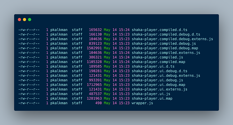 A screen shot that shows a list of all the files the are created by the Shaka Player build script