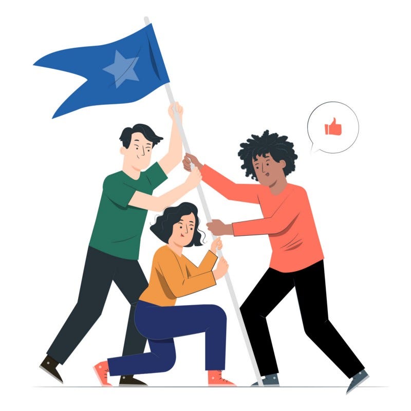 Ilustração de 3 pessoas se ajudando a levantar um mastro com uma bandeira