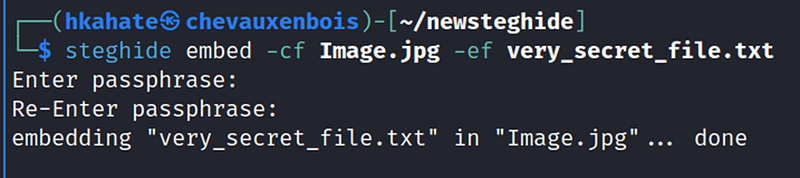 Use of the steghide command—hiding the bits of the txt file to the image