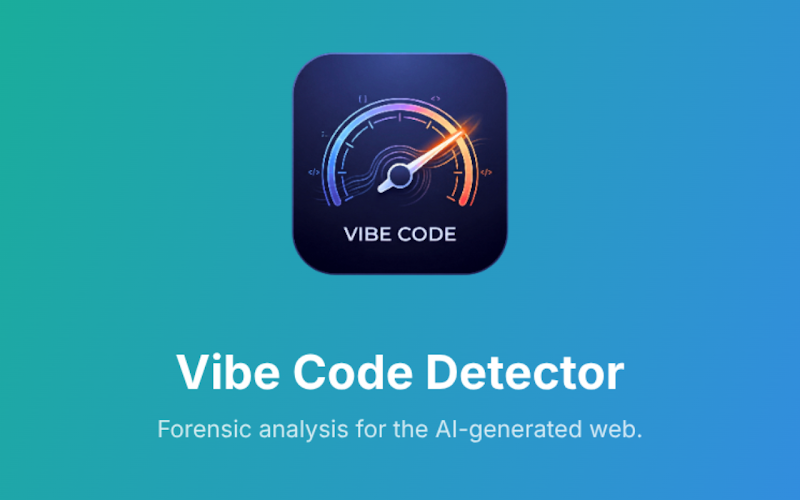 Logotipo Vibe Code Detector. O ícone central exibe um medidor analógico com glifos de programação e o texto “VIBE CODE”. Abaixo, o título “Vibe Code Detector” e o slogan “Forensic analysis for the AI-generated web”. O fundo possui um degradê entre os tons verde-azulado e azul.