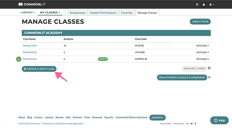CommonLit "Manage Classes" tab with arrow pointing to "Create a New Class."