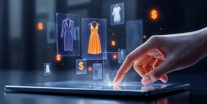 Conceptual illustration of a digital storefront where products, pricing, and user interaction are composed dynamically through a touch interface.