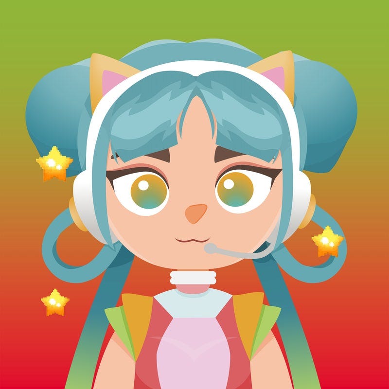 illustration of character with blue hair, headset and cat ears, with multicolor background and stars