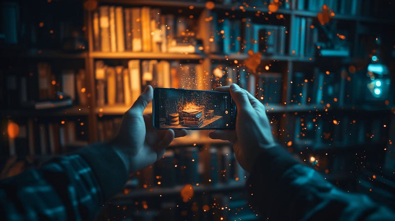 Hands holding smartphone photographing stack of books with magical glowing particles floating in air. Dark room with bookshel