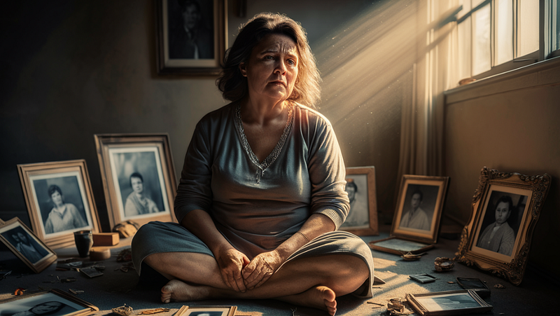 A divorced middle-aged woman sits alone amidst the remnants of her former life, but a glimmer of light hints at her resilience to come.