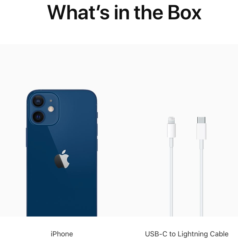 A picture of an iPhone 12 is displayed along with a USB-C to Lightning charging cable. The image is meant to depict the lack of a wall adapter and earbuds.
