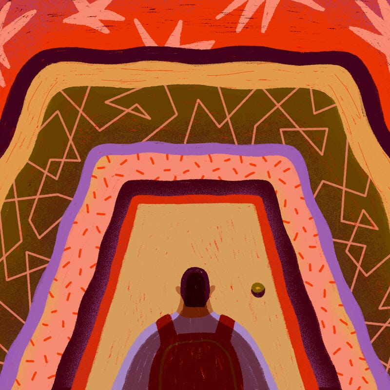 A colorful illustration of a student carrying a backpack looking up at a massive door.