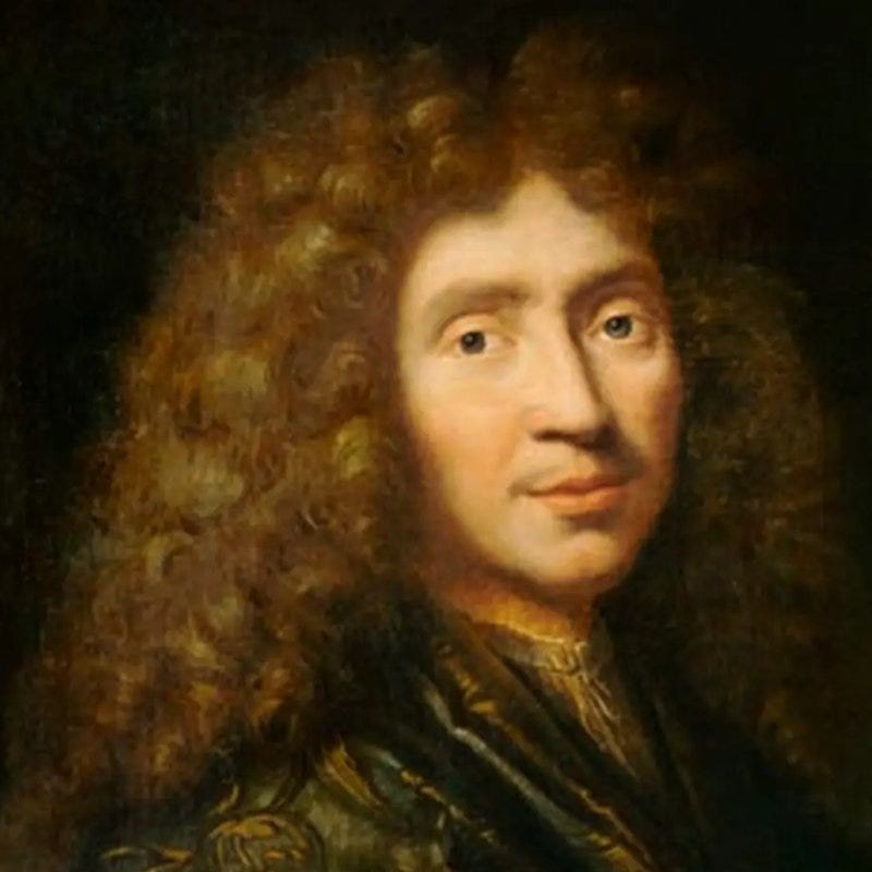 A painting of a man (Molière) with long curly brown hair
