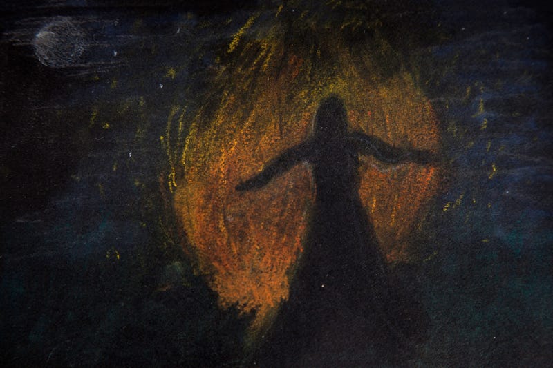An art piece of a woman dancing in front of a bonfire at night — Dancing Flames by Mary Ledvina — permission given by the artist