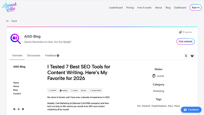 Find AISO Blog on launchvibe.app website