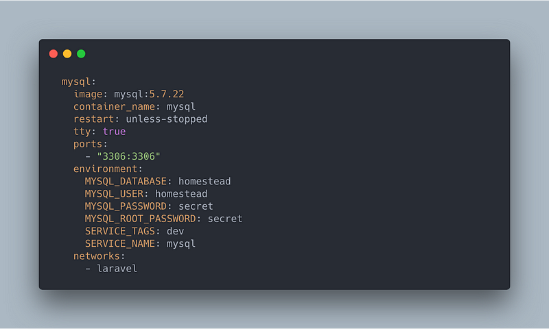 docker-compose.yml screenshot adding the mysql service