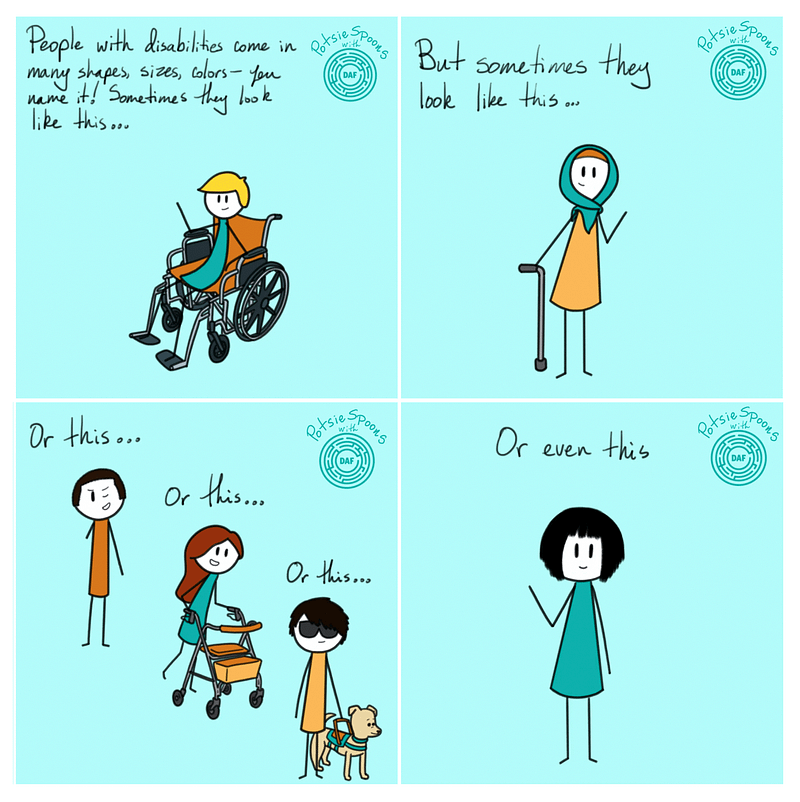 A graphic from potsiespoons.com illustrating that while disability may “look like” someone in a wheelchair, they may also be using a walking stick, missing a limb, using deaf/blind utilities or have a disability that does not change their appearance whatsoever (“invisible”).