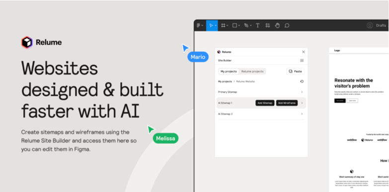AI wireframing that generates full-page layouts from a sitemap, with direct Webflow export.