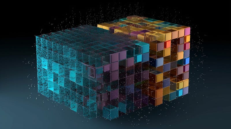 Two big colorful cubes that both consist of smaller cube. Small particles are flowing in and out.