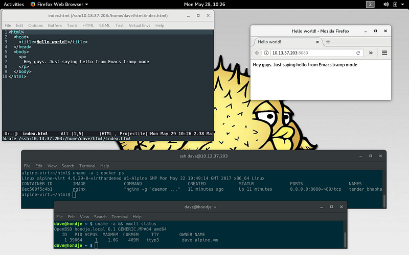 OpenBSD 6.1-current — editing HTML on an Alpine Linux VM via Emacs tramp-mode and served up via Docker!