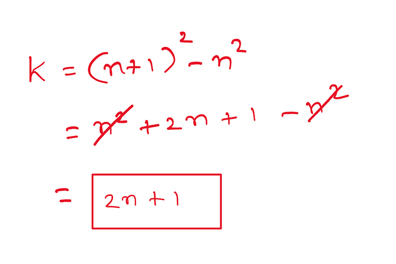 Working With Squares: K = (n+1)² — n² = n² + 2n + 1 — n² = (2n+1)