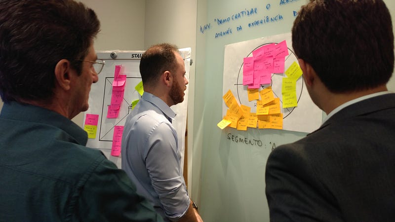 Três homens olhando para um quadro com anotações, gráficos e post-its durante um workshop para o planejamento de um produto comercial