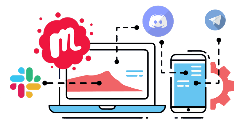 A laptop with a cellphone beside it. Icons about Meetup, Slack, Telegram and Disocrd are poping out from their screens.