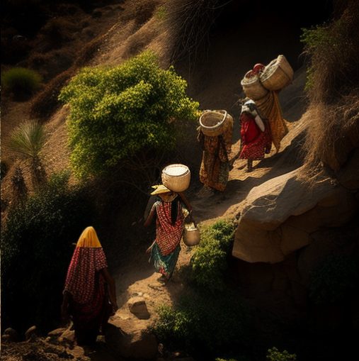 Villagers carrying water through steep ravines