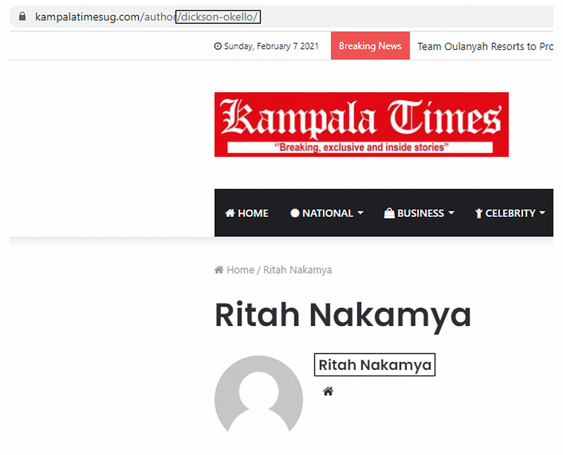 The author bio for “Ritah Nakamya” had the name “Dickson Okello” in its URL. (Source: Kampala Times/archive)