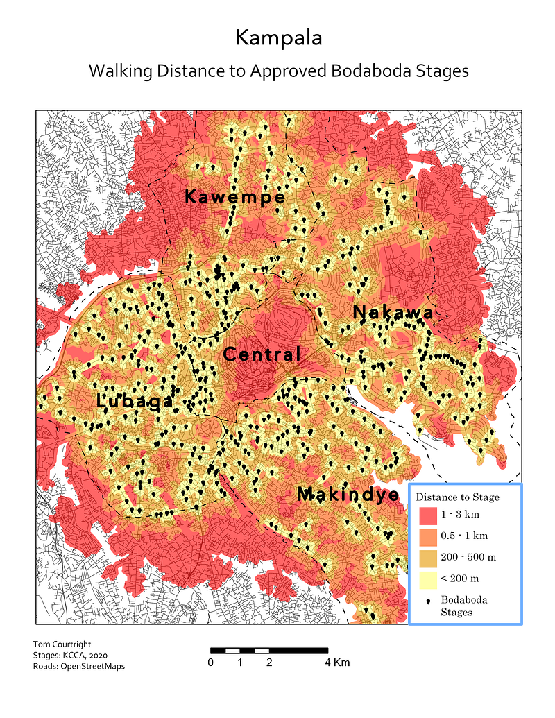 A map of proximity to gazetted boda boda stages from end of lockdown, July. Not including informal, unmapped stages, nor anything that happened after noon of the first day of post-lockdown.