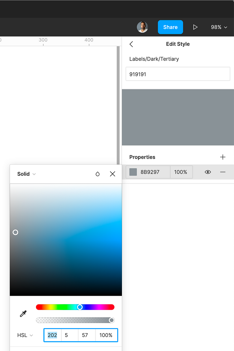 The color dialog showing HSL values for Labels/Dark/Tertiary