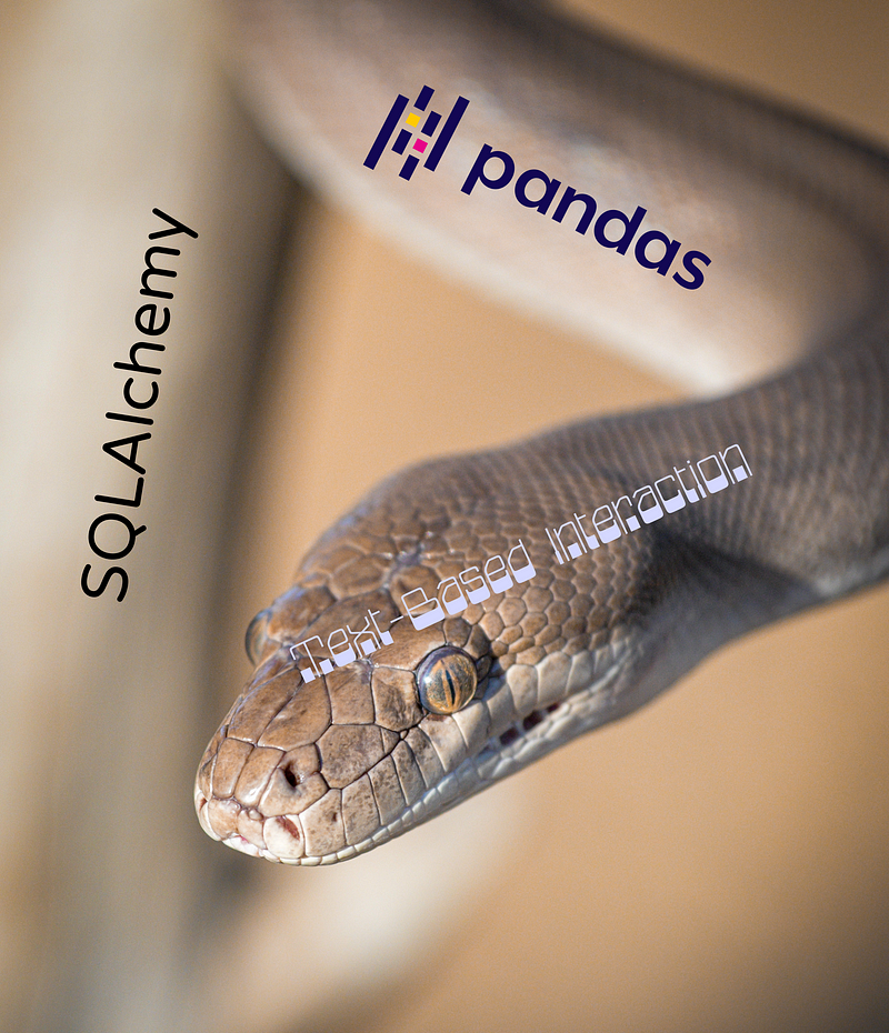 Snake forming a triangle with the words ‘SQLAlchemy’, ‘Pandas’ and ‘Text-Based Interaction’ along three sides.