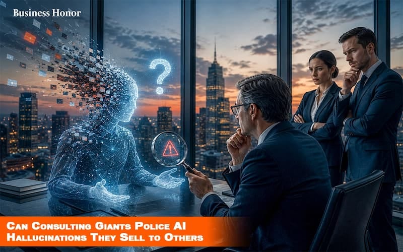 AI consultant reviewing digital dashboard to monitor and reduce AI hallucination risks in…
