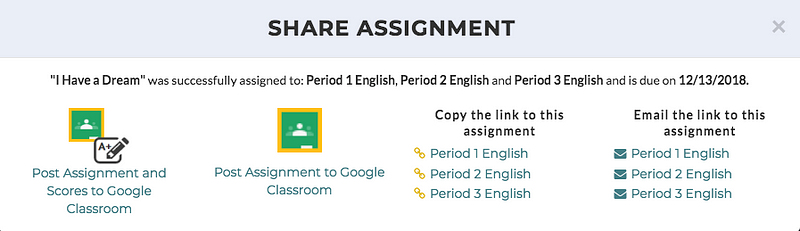 CommonLit's "Share Assignment" page under Google Classroom. 
