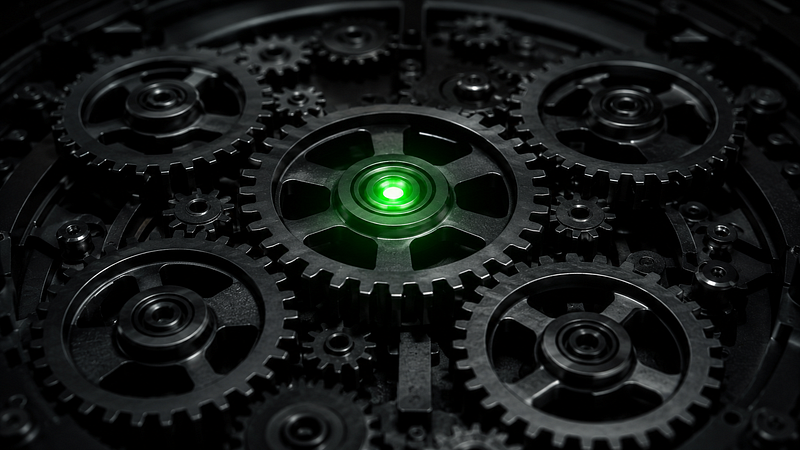 A smooth, dark mechanical gear system with a glowing green ROI light at the center, representing the power of a quiet, boring, and systematic digital marketing architecture over chaotic hustle.