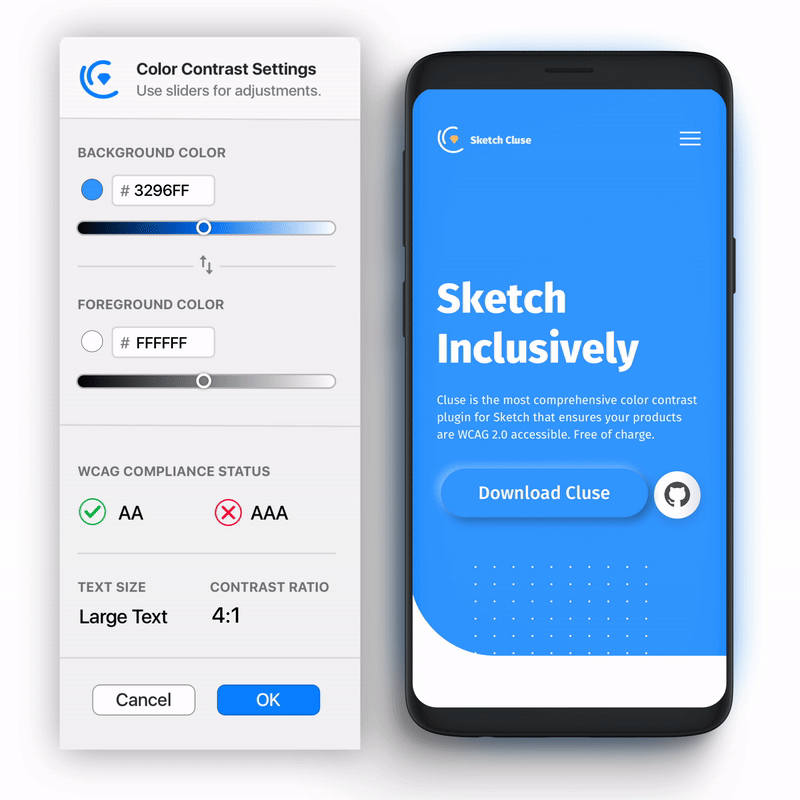 An animated GIF showing Cluse’s UI in use in Sketch with a website mockup
