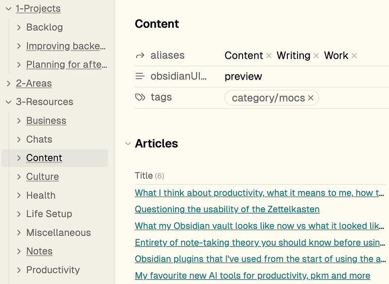 The ‘Content’ Folder note in the author’s vault
