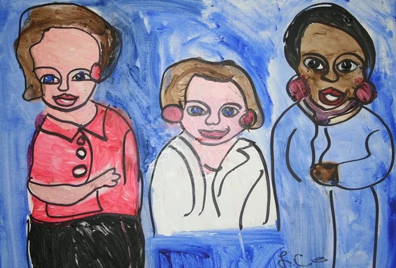 Artwork by Lois Curtis that shows her and the other two people involved in the Olmstead case. They are painted vibrantly on a blue background.